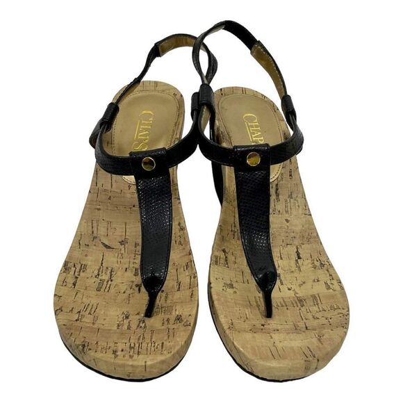 Chaps Raevyn Size 5.5 Black Thong Cork T-Strap Wedge Open Toe Slip On Sandals - Picture 6 of 8